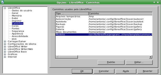 LibreOffice - locais dos templates