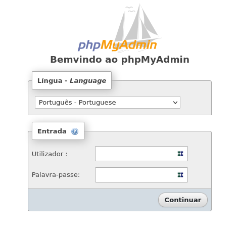 Página inicial do phpmyadmin